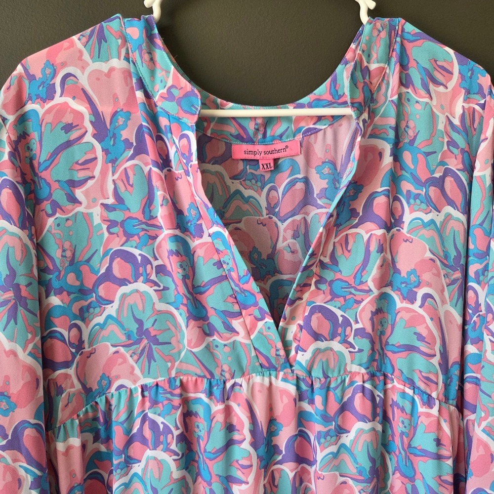Simply Southern XXL Pink Blue Floral Tiered Maxi Dress Long Bell Sleeve V-Neck - Picture 2 of 8